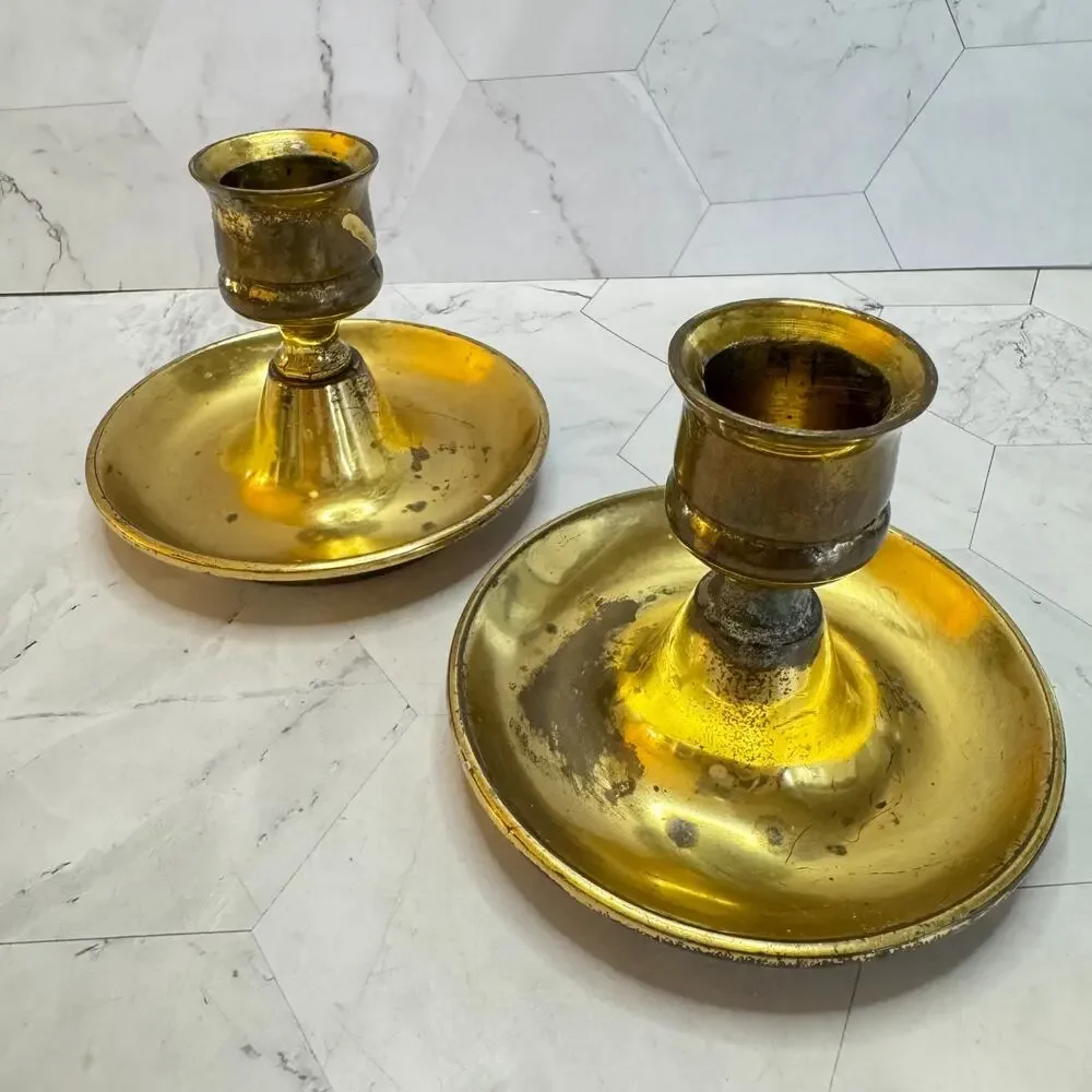 Antique Solid Brass Candlestick Holders Pair 19th Century 3